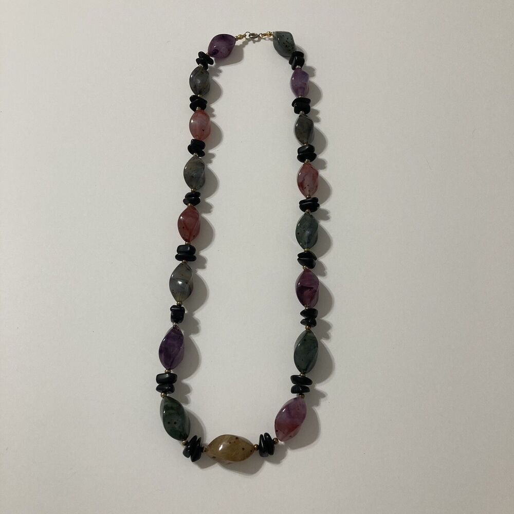 Vintage 25” Faux Stones Earthy Browns Purple Black Gold Tone Beaded Necklace